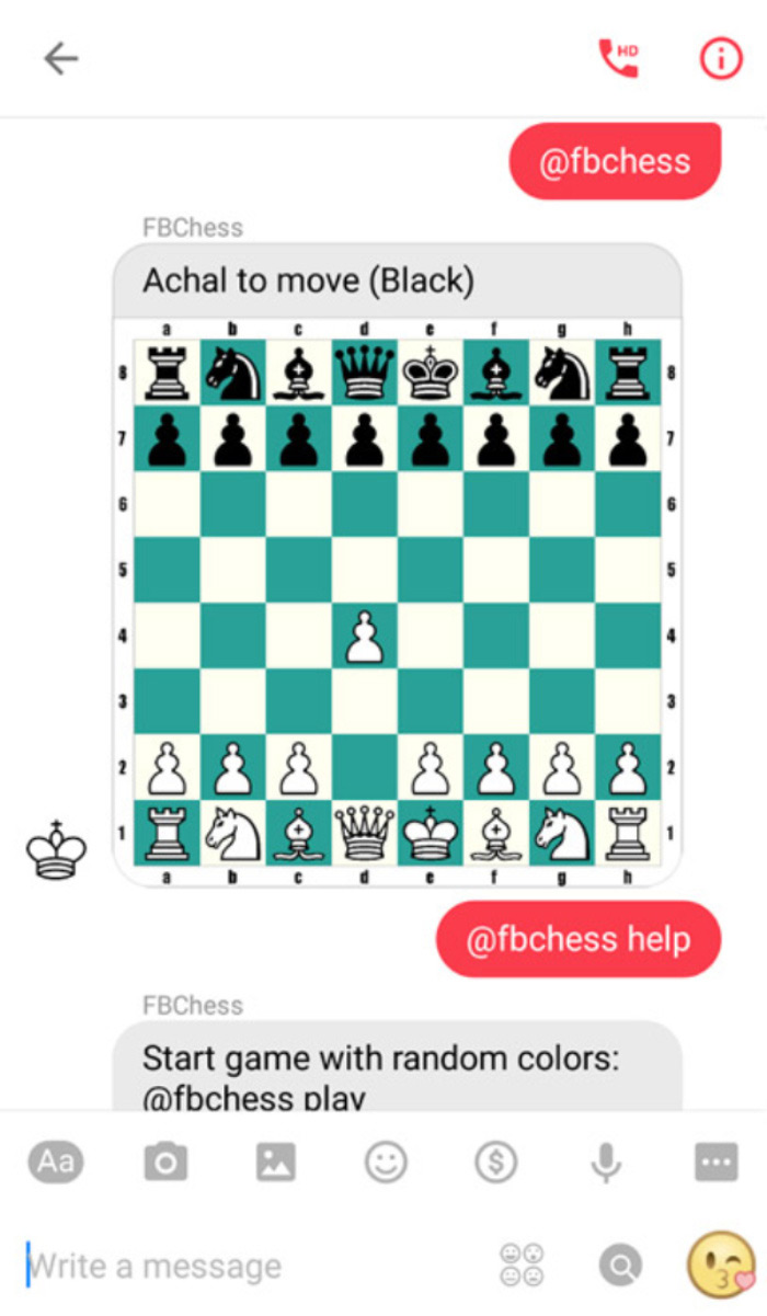 Mở một cuộc trò chuyện với một người bạn và gõ @fbchess play để cùng chơi cờ vua Mở một cuộc trò chuyện với một người bạn và gõ @fbchess play để cùng chơi cờ vua