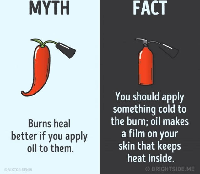 Sự thật là bạn nên thoa thứ gì đó lạnh lên vết bỏng, dầu ăn tạo ra một lớp mỏng phủ lên da khiến nhiệt bị giữ lại bên trong. Sự thật là bạn nên thoa thứ gì đó lạnh lên vết bỏng, dầu ăn tạo ra một lớp mỏng phủ lên da khiến nhiệt bị giữ lại bên trong.