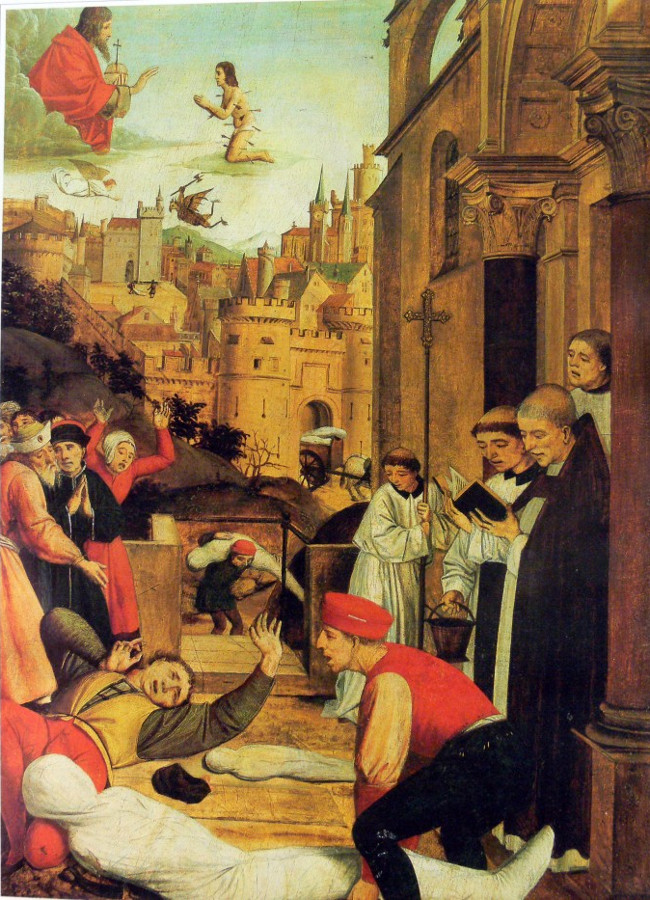 Thánh Sebastian đã cầu xin Đức Chúa Trời cứu mạng sống của một tay trộm mộ bị hành hạ bởi bệnh dịch trong Dịch bệnh Justinian