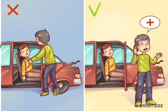 Đừng cố kéo nạn nhân ra khỏi xe gặp nạn mà gay gọi xe cứu thương, chờ bác sĩ cấp cứu. Đừng cố kéo nạn nhân ra khỏi xe gặp nạn mà gay gọi xe cứu thương, chờ bác sĩ cấp cứu.