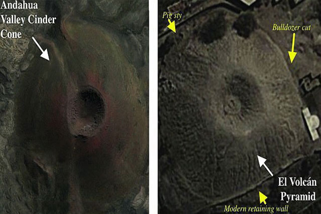 Kim tự tháp El Volcan chụp từ trên cao, thấy rõ "miệng núi lửa"