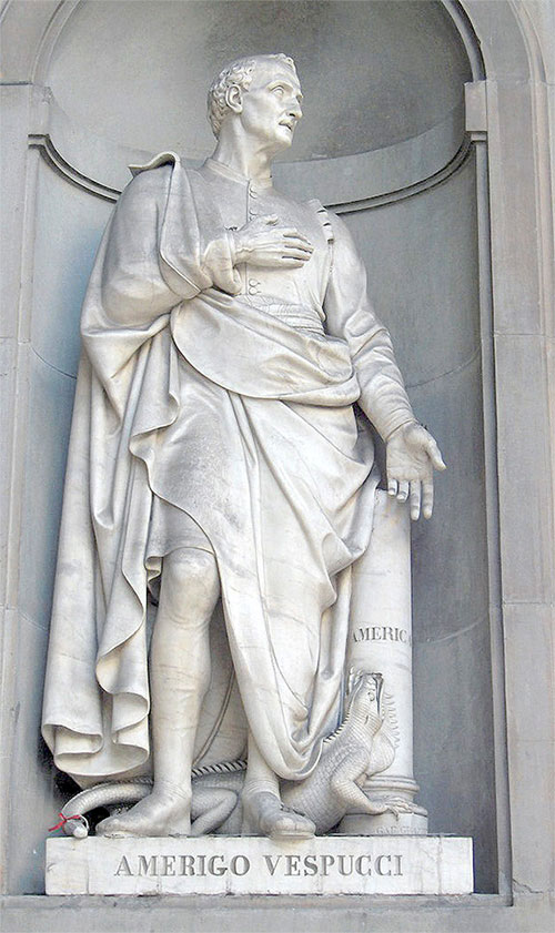 Tượng A. Vespucci - người có vinh dự được đặt tên cho châu Mỹ - ở thành phố quê hương Florence, nước Ý.