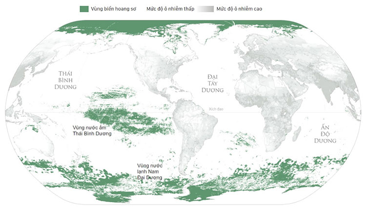 Bản đồ các vùng biển còn giữ được vẻ hoang sơ bên cạnh những vùng biển đã bị con người tác động trên khắp thế giới. 