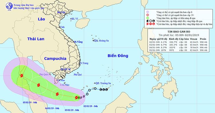 Hướng đi của bão Pabuk theo dự báo của Trung tâm dự báo khí tượng thủy văn Trung ương.