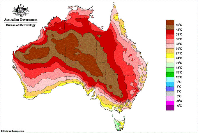 Trong ảnh, nhiệt độ ngày trung bình được ghi nhận tại Australia trong tháng 1 vừa qua.