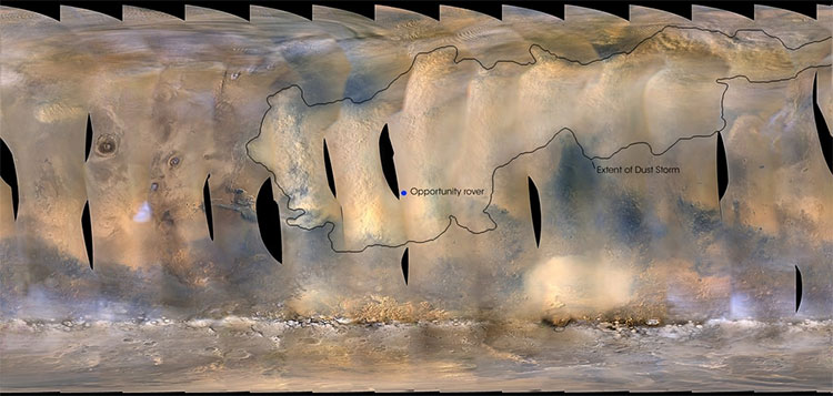 Xe Opportunity (chấm xanh) trong bão bụi sao Hỏa ngày 6/6/2018. 