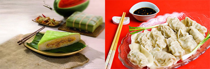 ​ Món ăn truyền thống ngày Tết Việt Nam là bánh chưng (bên trái) và Tết Trung Quốc là sủi cảo (bên phải).