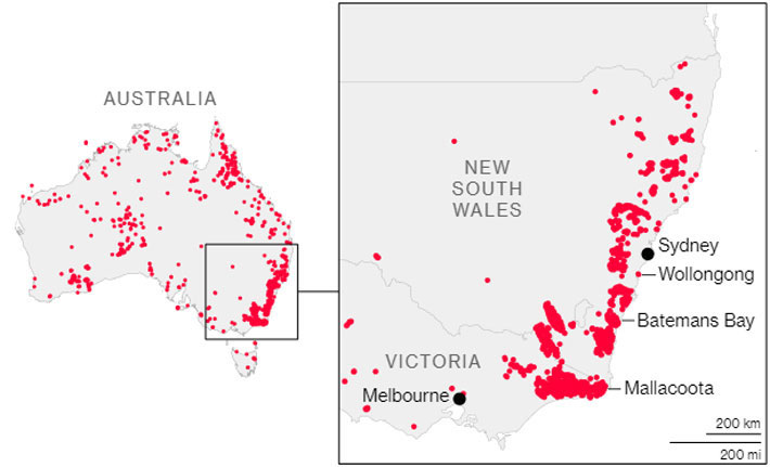 Bản đồ cháy rừng của Australia. Bị ảnh hưởng nặng nề nhất là hai bang New South Wales và Victoria