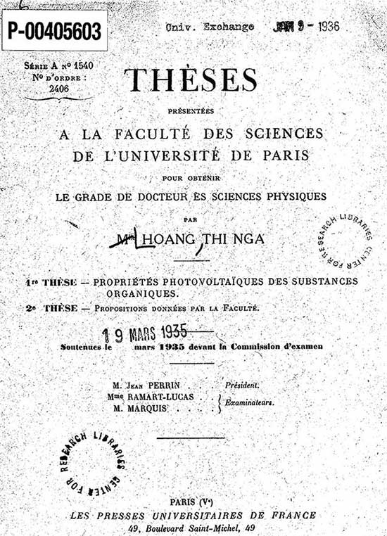 Trang bìa Luận án, trình bày tại khoa khoa học Đại học Paris để nhận bằng tiến sĩ về vật lý, do bà Hoàng Thị Nga trình bày