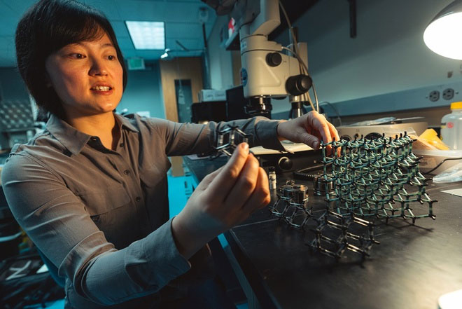 Tiếng sĩ Yu Lin với mẫu mô phỏng phân tử bột dầu sắp được chuyển hóa thành kim cương.