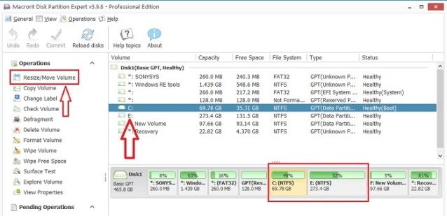 Nhấp vào Resize/Move Volume ở menu trái.