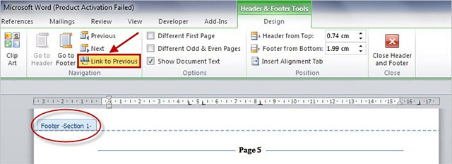 Nhấn bỏ màu vàng ở Link to Previous trong phần Design của Header & Footer Tools.