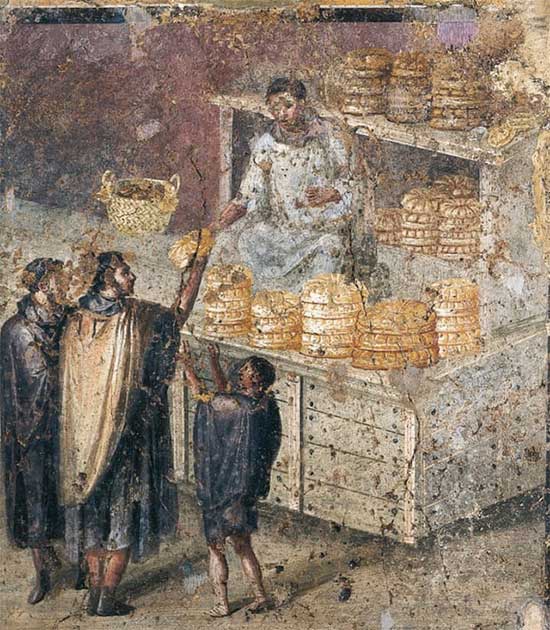 Một bức họa mô tả công việc chia bánh mỳ trước hiên nhà ở Pompeii.