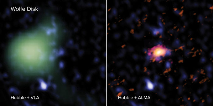 Ảnh chụp thiên hà Wolfe Disk từ bộ ba kính viễn vọng ALMA, Hubble và VLA.