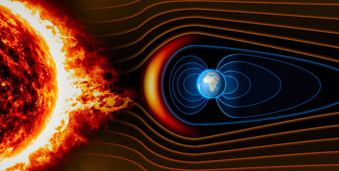 Đồ họa mô phỏng từ trường của Trái đất ngăn bức xạ có hại từ Mặt trời.