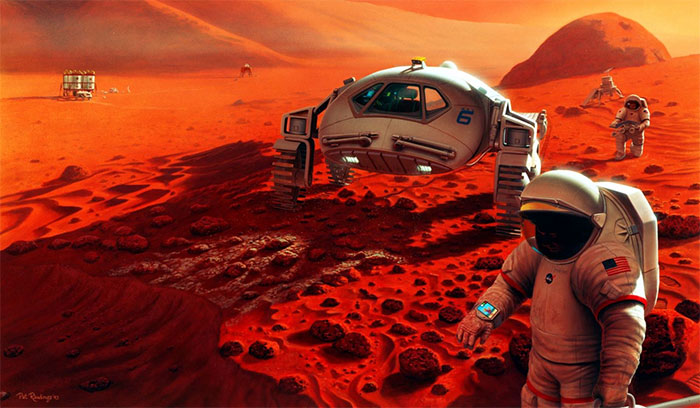 Đồ họa mô phỏng sứ mạng đưa phi hành gia thám hiểm bề mặt sao Hỏa.