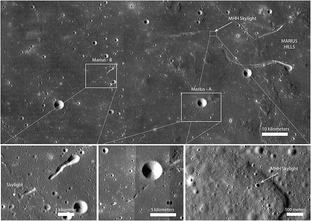 Ảnh vệ tinh chụp Mặt trăng cho thấy các vết lõm là dấu tích của ống dung nham tồn tại bên dưới