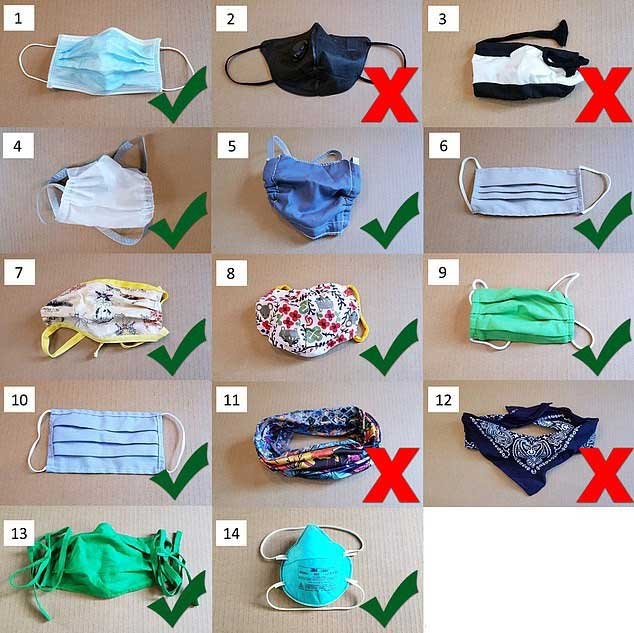 14 loại khẩu trang và khăn che mặt khác nhau được sử dụng trong nghiên cứu.
