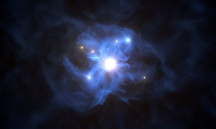 Ảnh đồ họa mô tả lỗ đen siêu quái vật rực sáng và "mạng nhện" xung quanh được tạo nên bởi 6 thiên hà