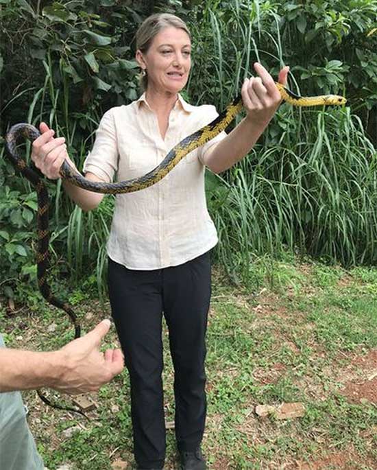 Tara Brown chụp ảnh cùng rắn khi đến thăm đảo.