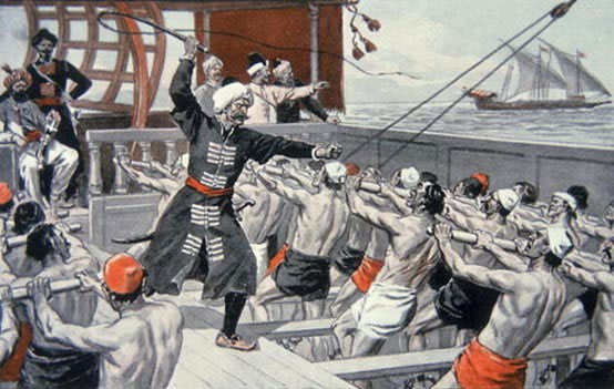 Thuyền của hải tặc Barbary dùng nam nô da trắng làm “mái chèo sống”.