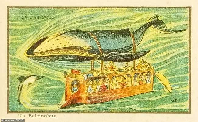 Bức họa xe bus dưới biển được vận chuyển bằng cá voi vẽ vào năm 1899