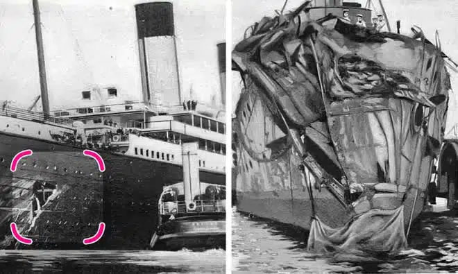 Hiện trạng của tàu Olympic (trái) và Hawke (phải) sau vụ va chạm.