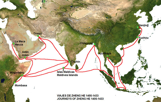 Tuyến hải trình mà hạm đội Trịnh Hòa đã đi theo ghi chép trong sách sử của Trung Quốc.