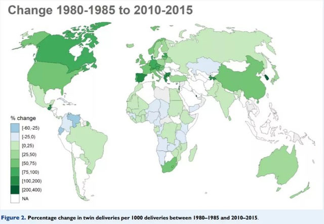 Bản đồ cho thấy sự thay đổi tỷ lệ sinh đôi ở các nước từ giai đoạn 1980 - 1985 đến 2010 - 2015.