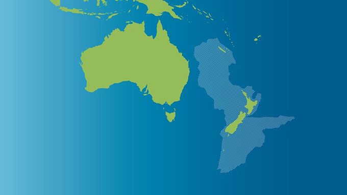 Mô phỏng lục địa Zealandia với màu xám là phần chìm dưới nước.