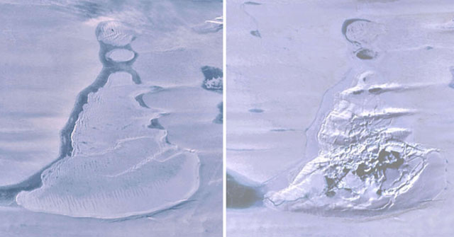 Ảnh chụp vệ tinh cho thấy nơi từng là hồ nước chỉ còn lại băng nứt